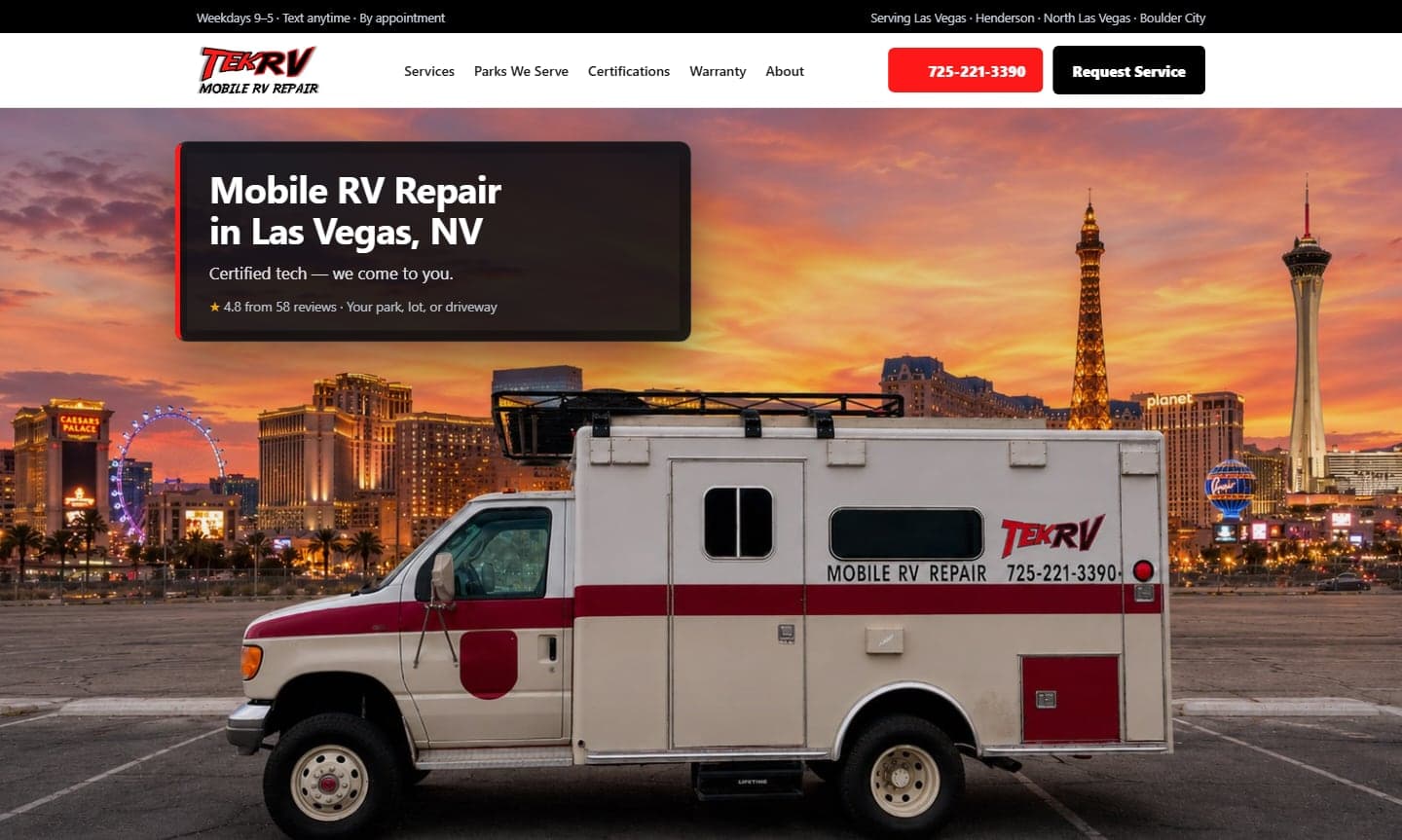 The TekRV website: Steve's service truck in front of the Las Vegas Strip at sunset, his Google reviews, and call and request-service buttons front and center.