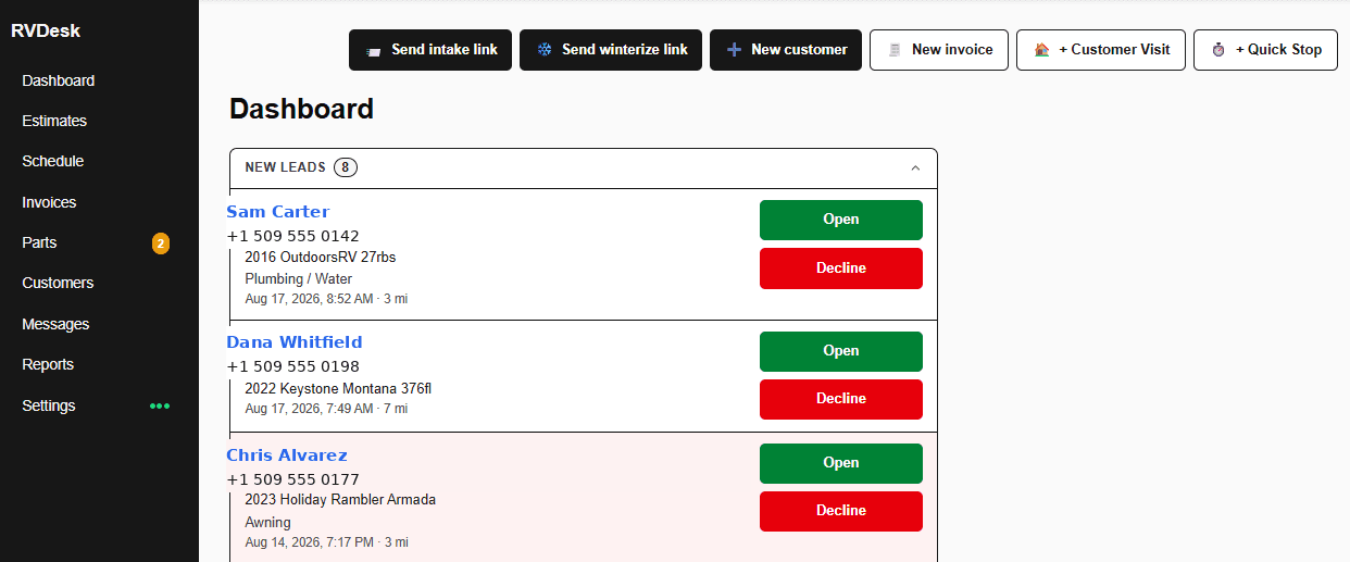 The RVDesk dashboard a tech opens every morning: new leads with the rig, the problem, and an AI-drafted estimate ready to open — plus one-tap intake links, invoices, scheduling, parts and customer visits.